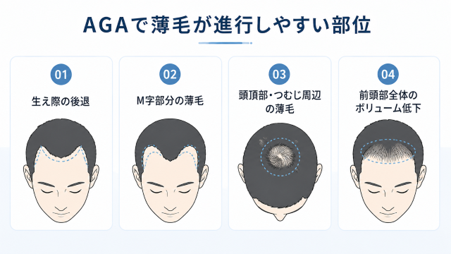 aga 京都で治療を受ける前に確認しておきたいAGAで薄毛が進行しやすい部位