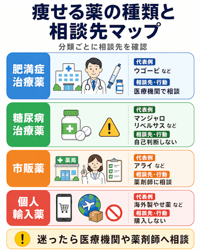 痩せる薬の種類と医療機関や薬剤師への相談先を整理